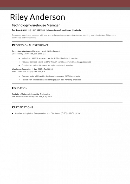 Technology Warehouse Manager Resume Example