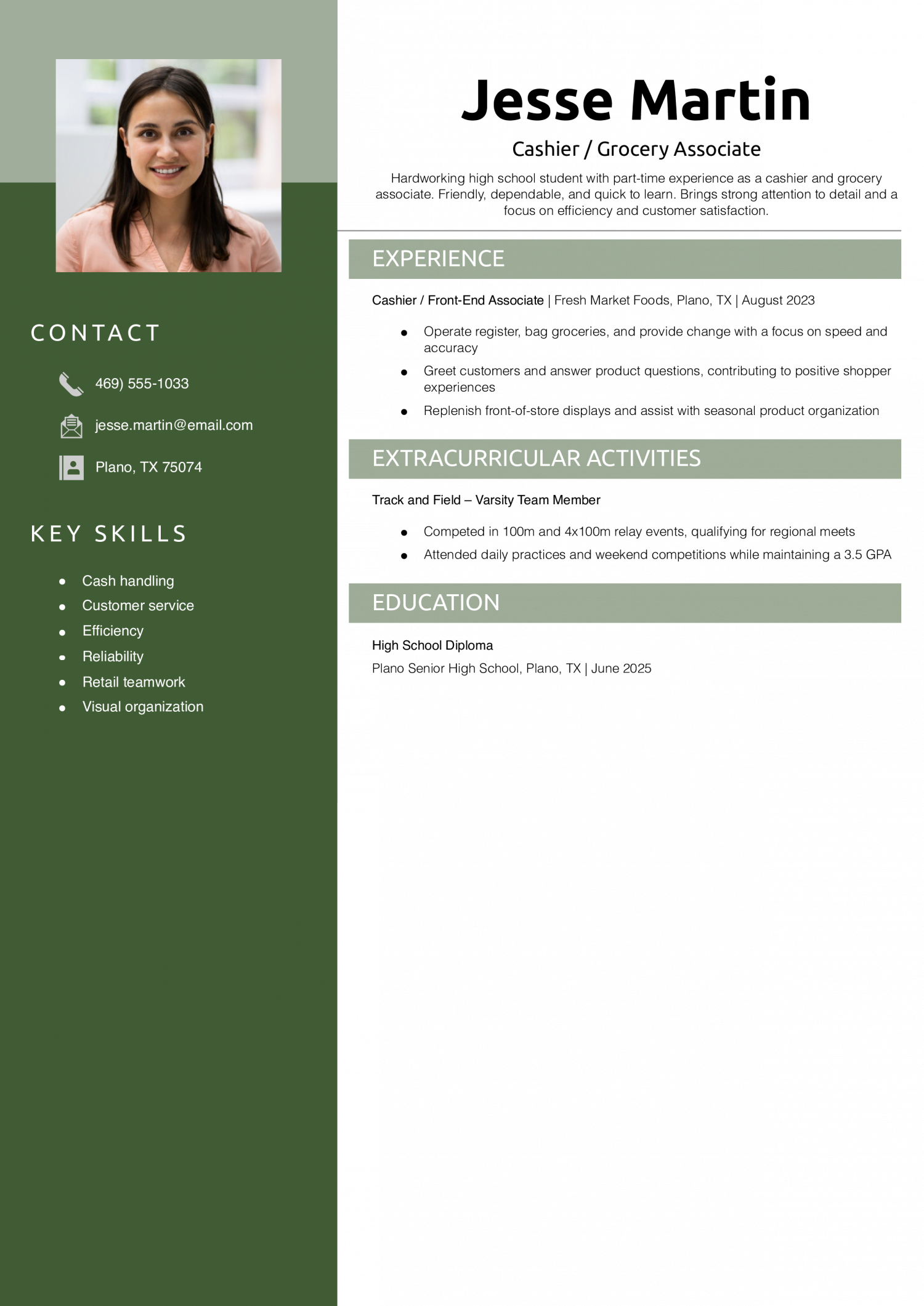 Teenager Resume Example – Cashier / Grocery Associate