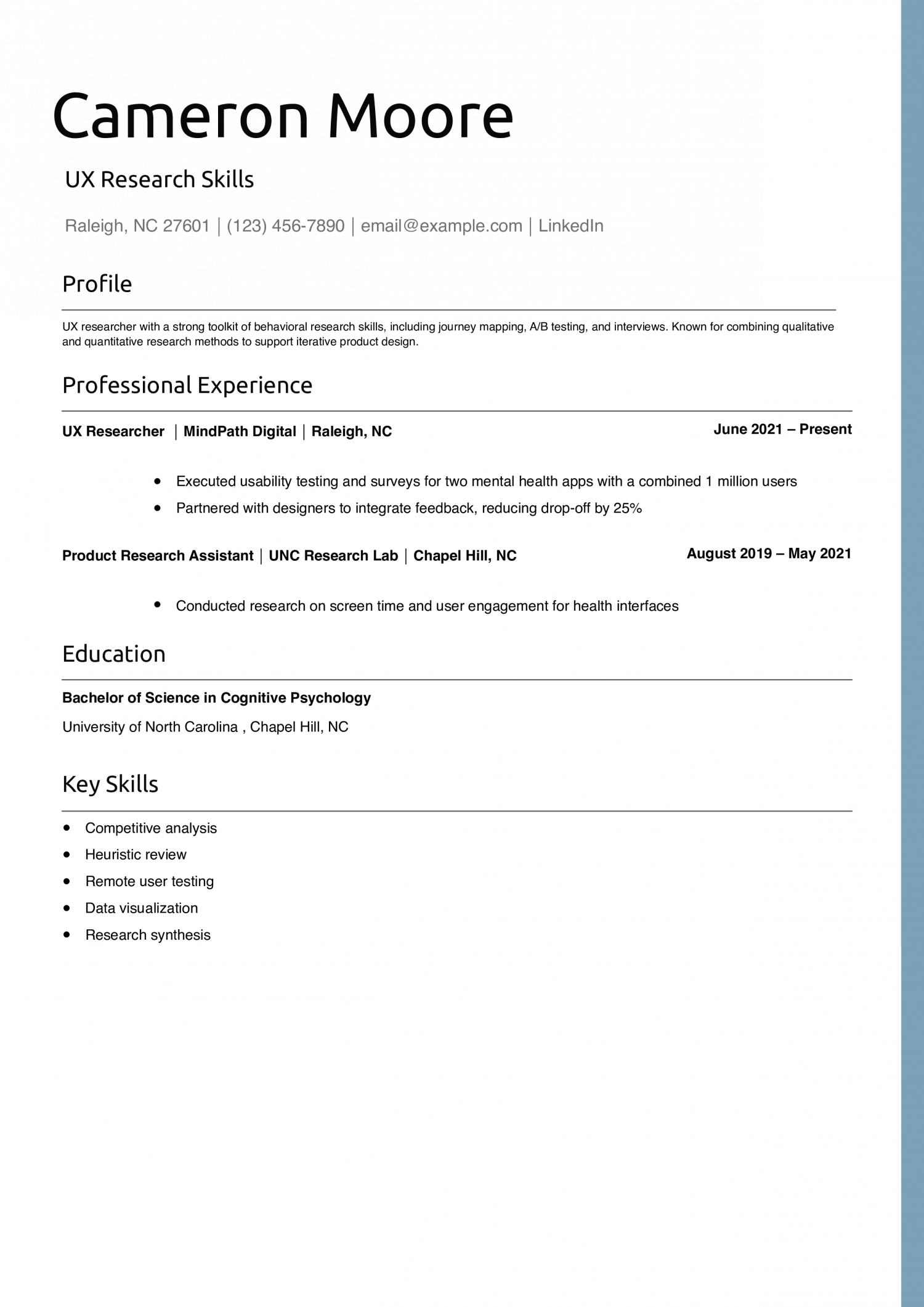 UX Research Skills Resume Example