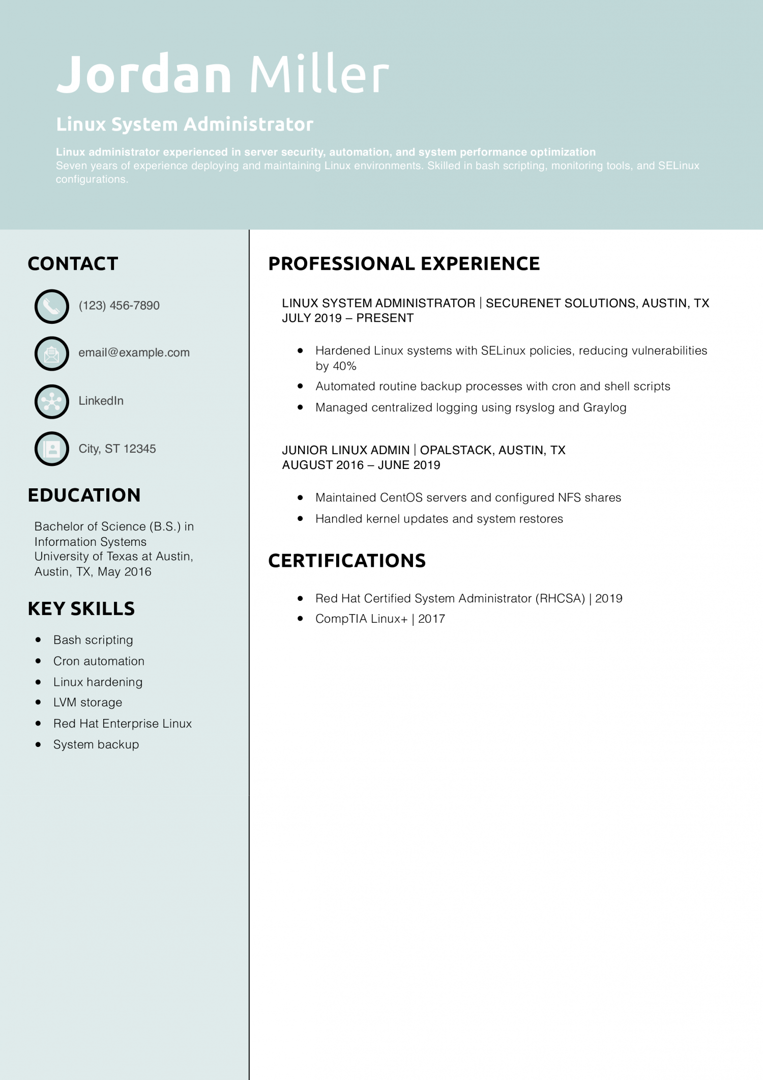 Linux System Administrator Resume Example
