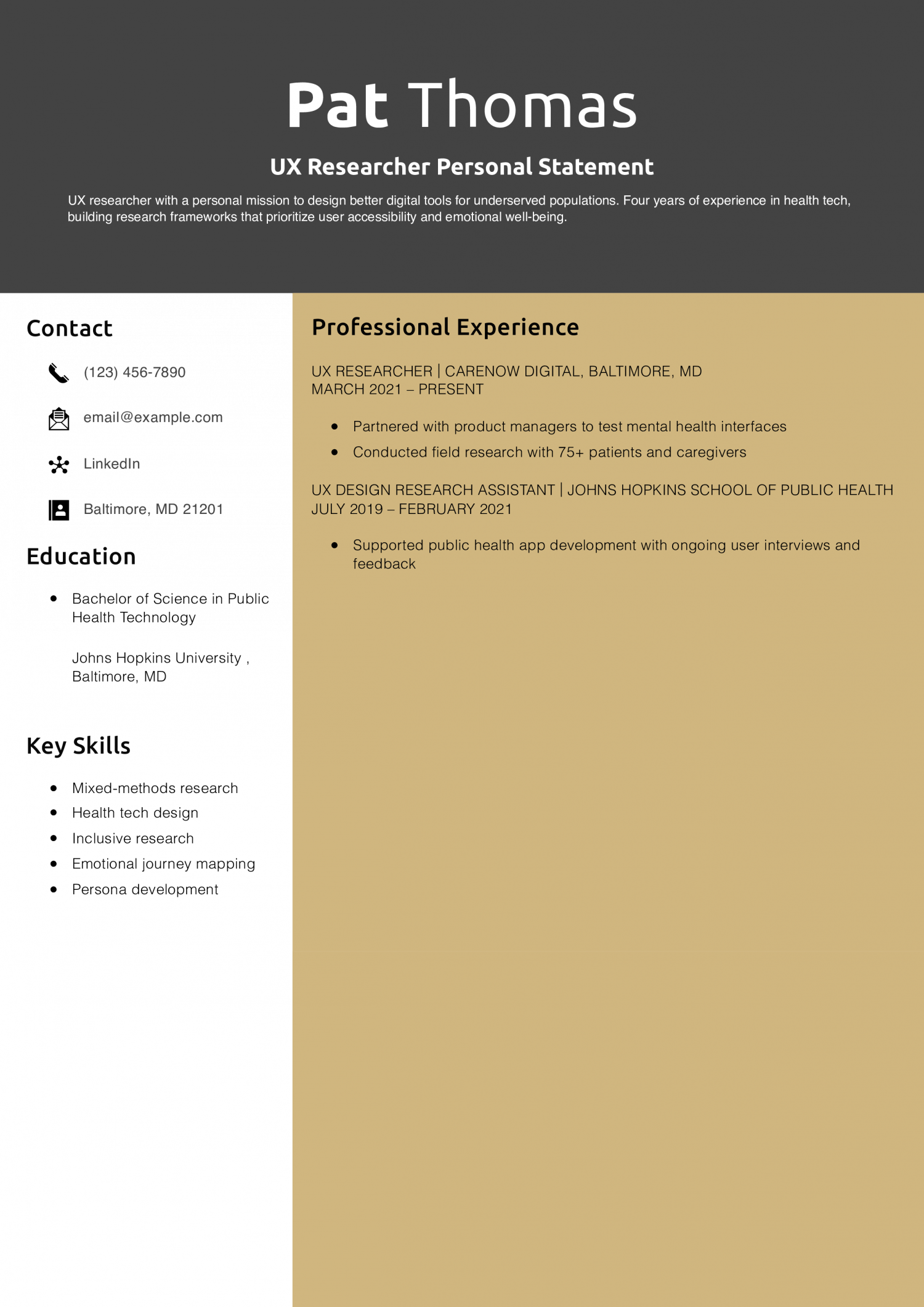 UX Researcher Personal Statement Resume Example