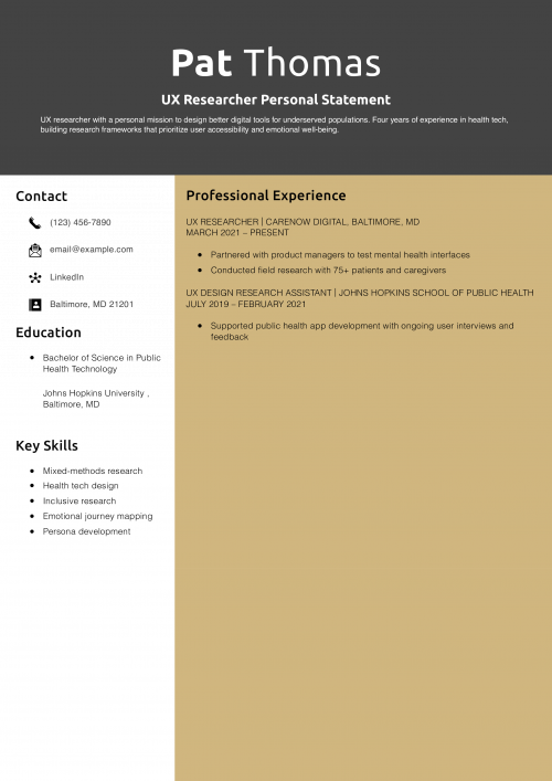 UX Researcher Personal Statement Resume Example 