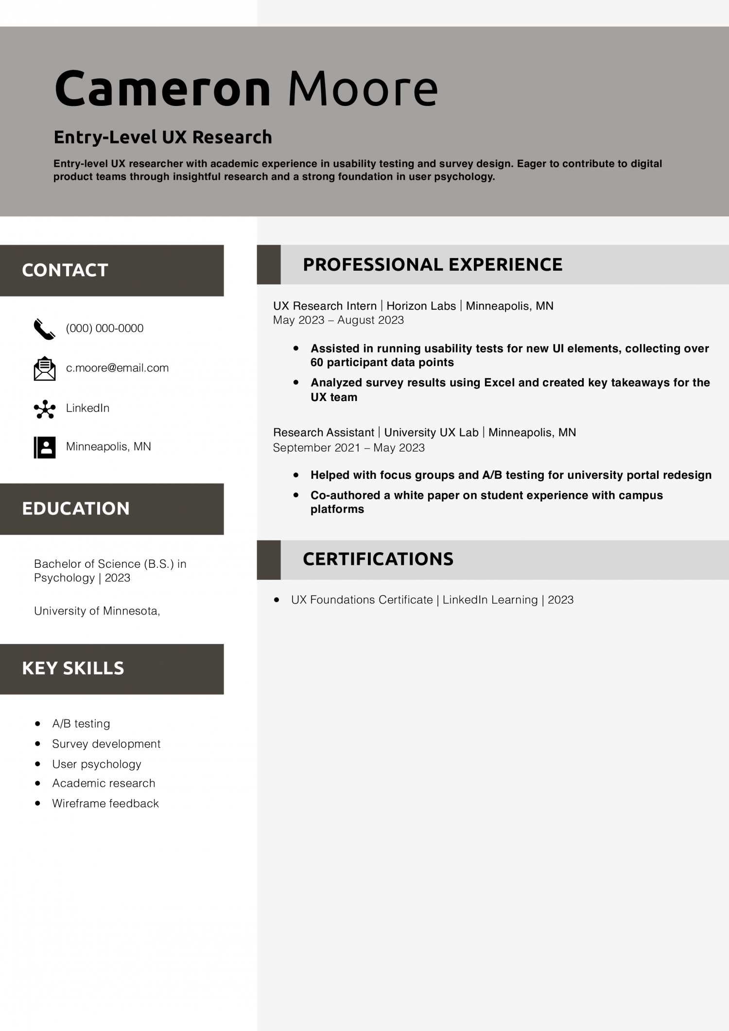 Entry-Level UX Research Resume Example