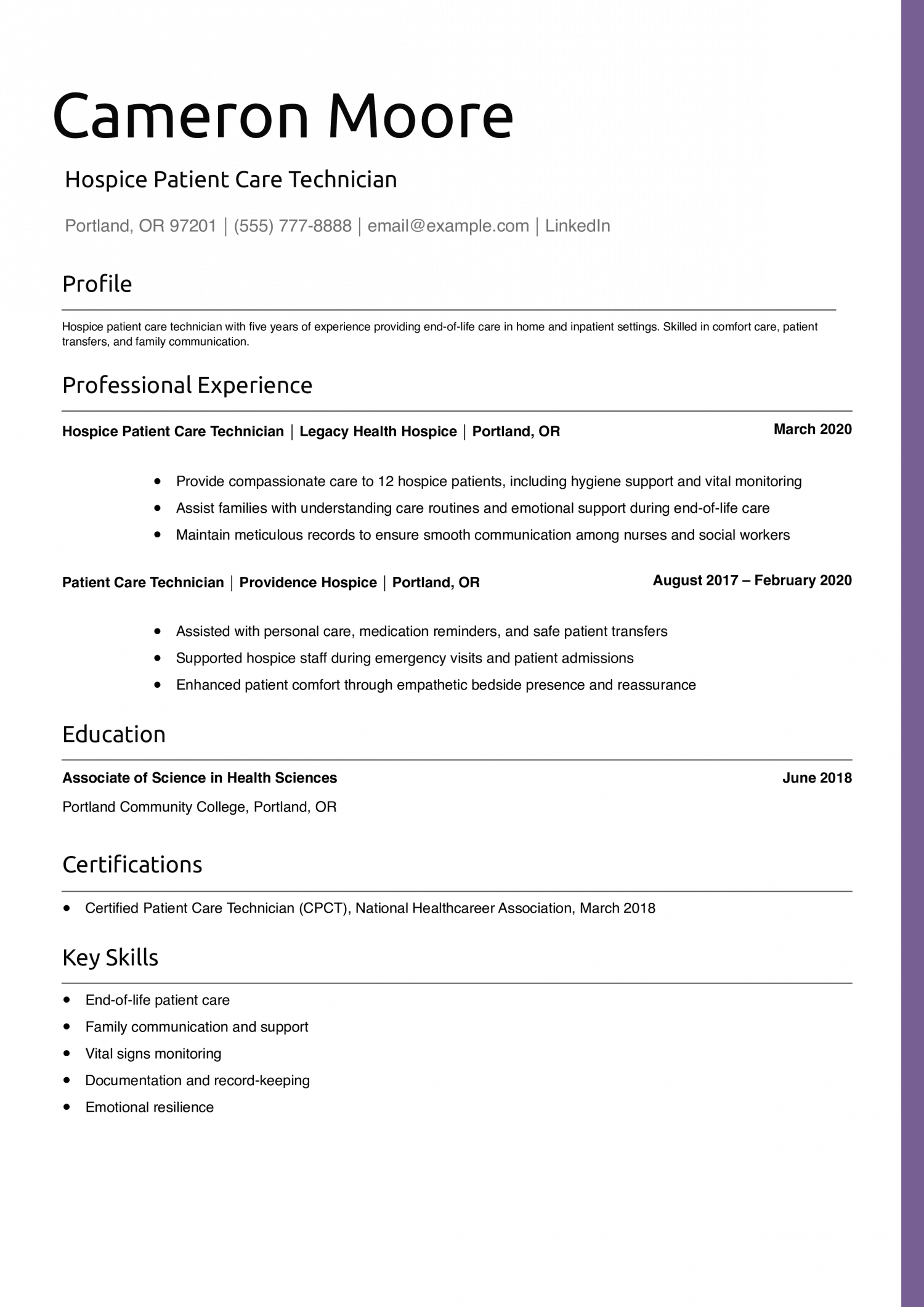 Hospice Patient Care Technician Resume Example