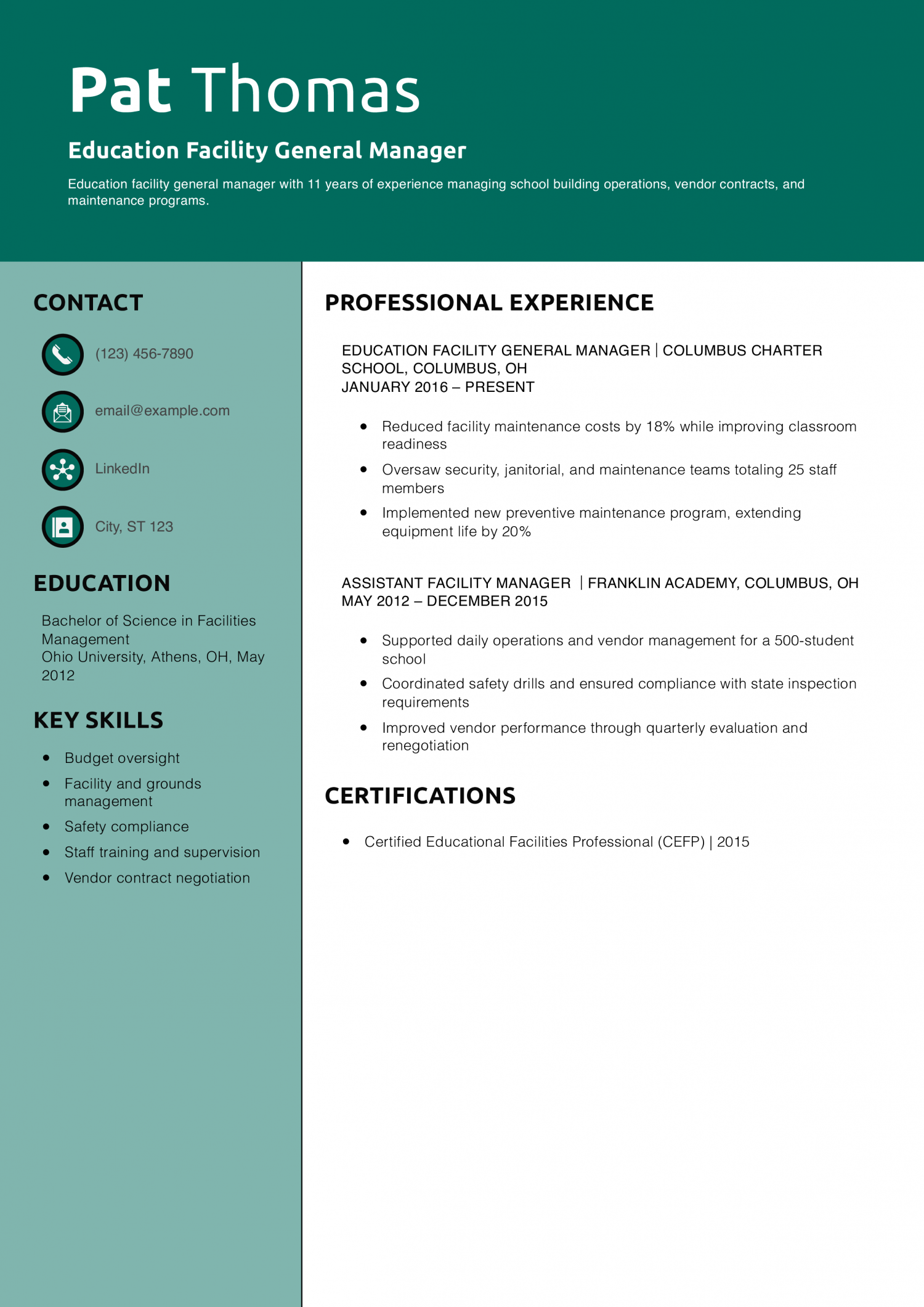 Education Facility General Manager Resume Example