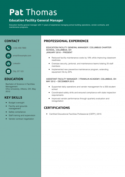 Education Facility General Manager Resume Example