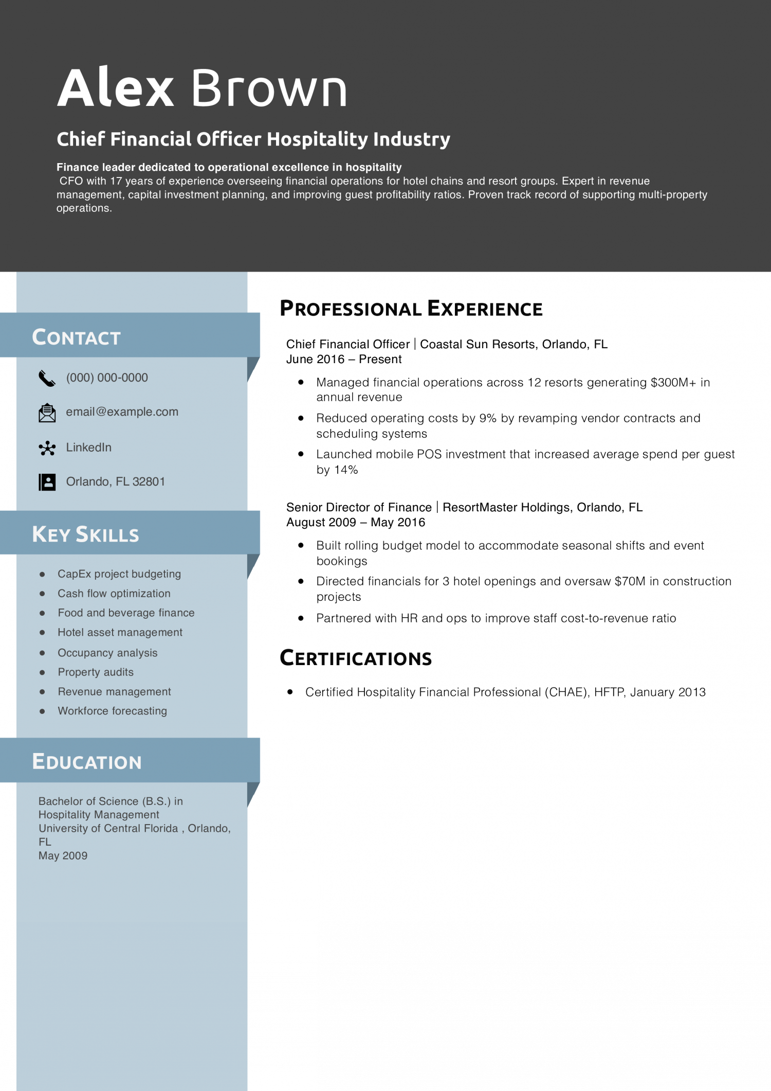 Chief Financial Officer Hospitality Industry Resume