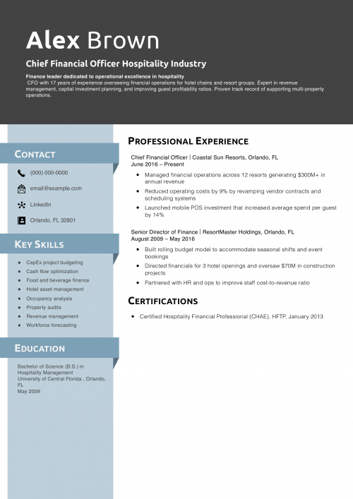 Chief Financial Officer Hospitality Industry Resume