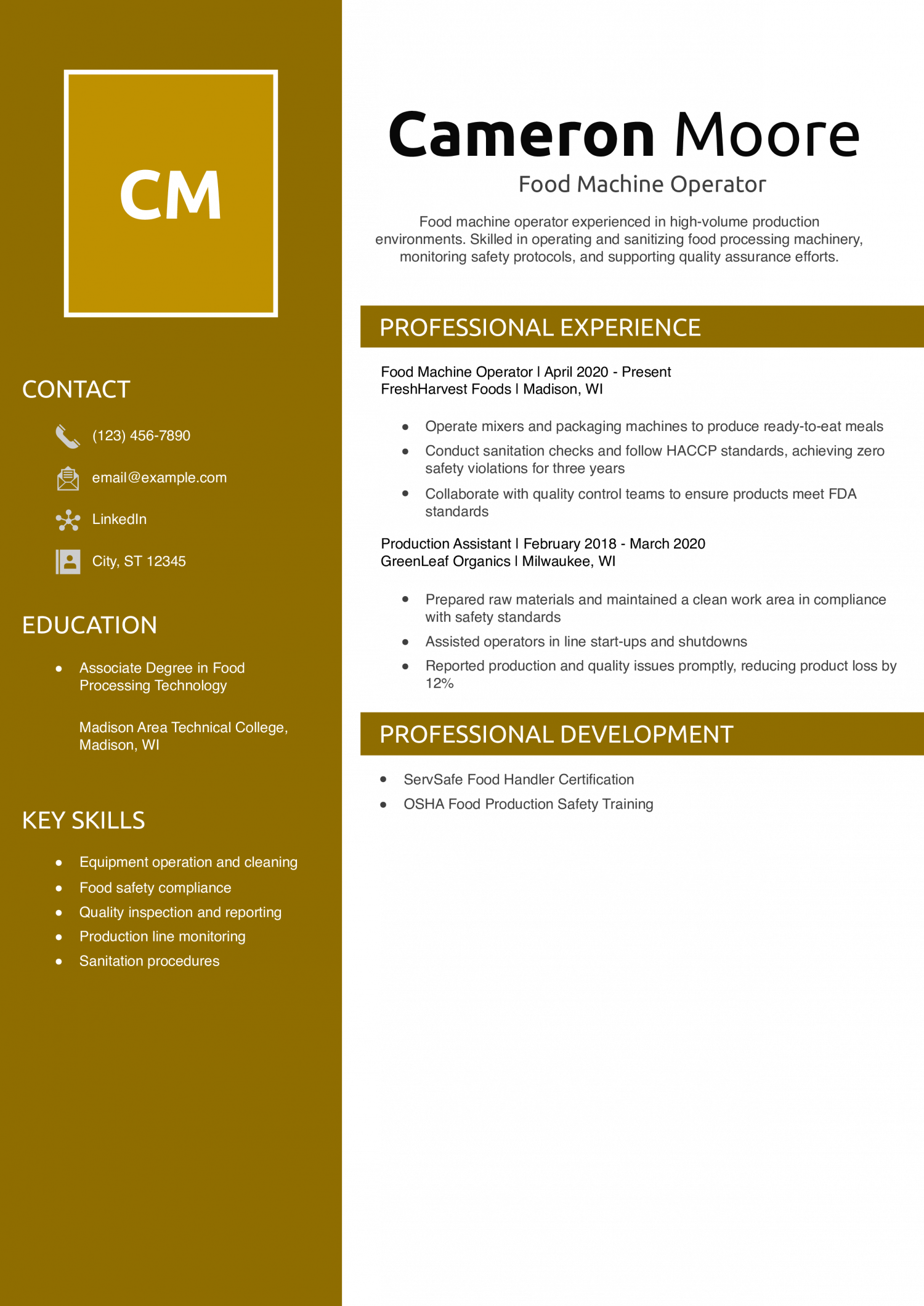 Food Machine Operator Resume Example