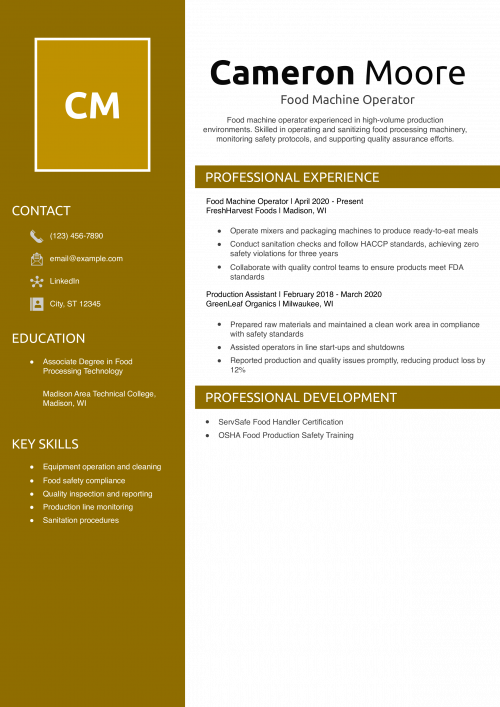 Food Machine Operator Resume Example 