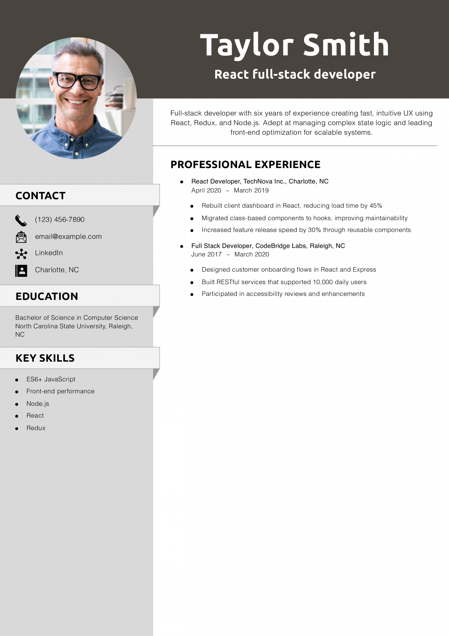 React full-stack developer resume example