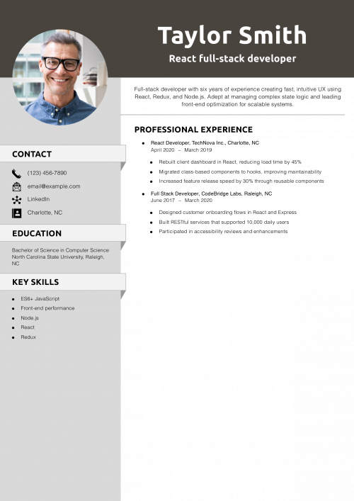 React full-stack developer resume example