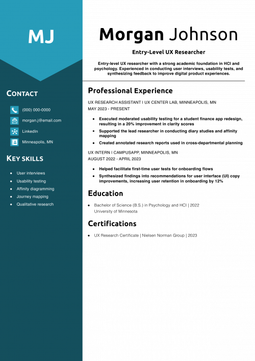 Entry-Level UX Researcher Resume Example 