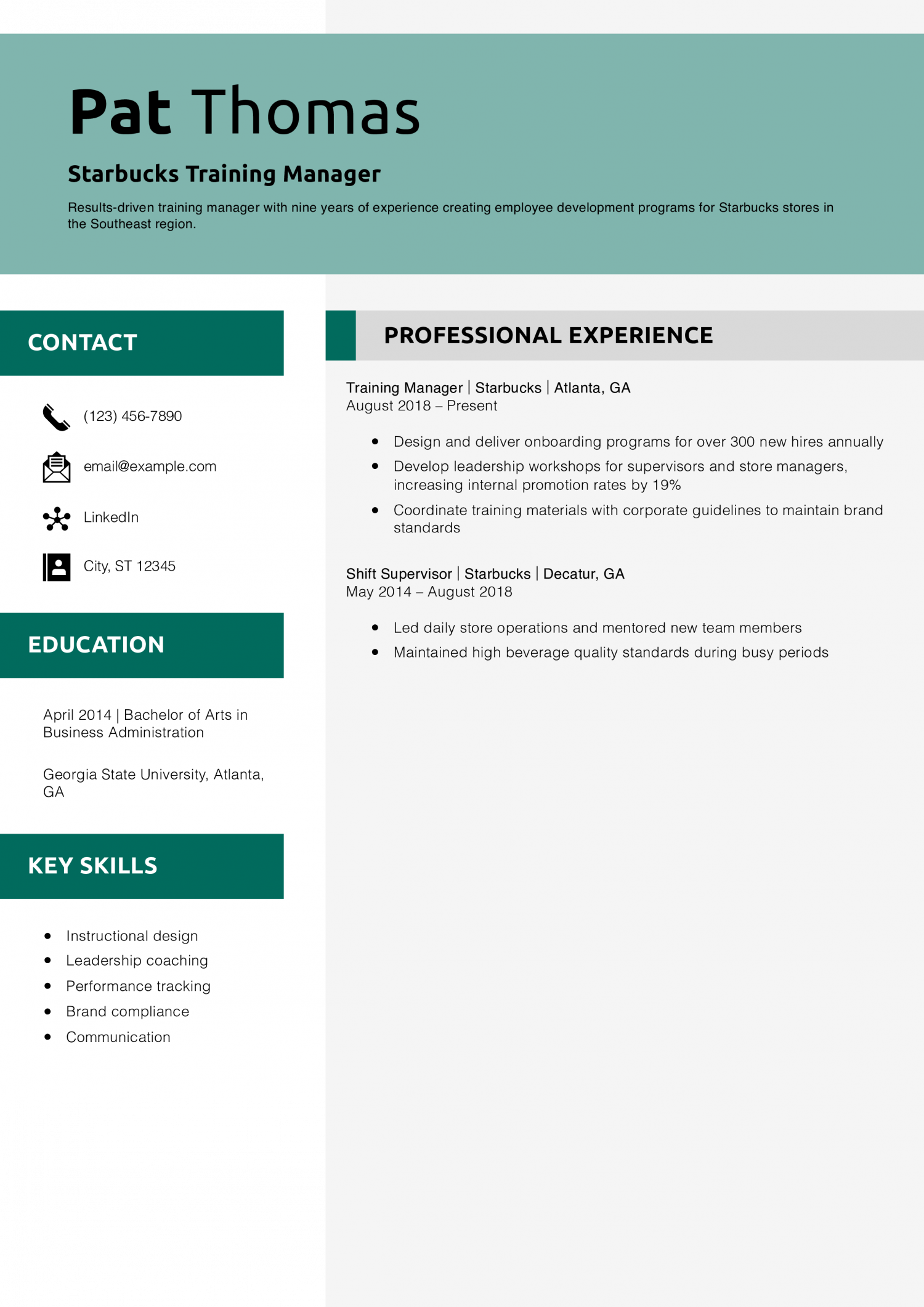Starbucks Training Manager Resume Example
