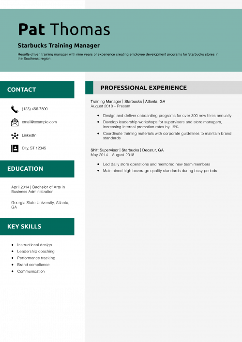 Starbucks Training Manager Resume Example