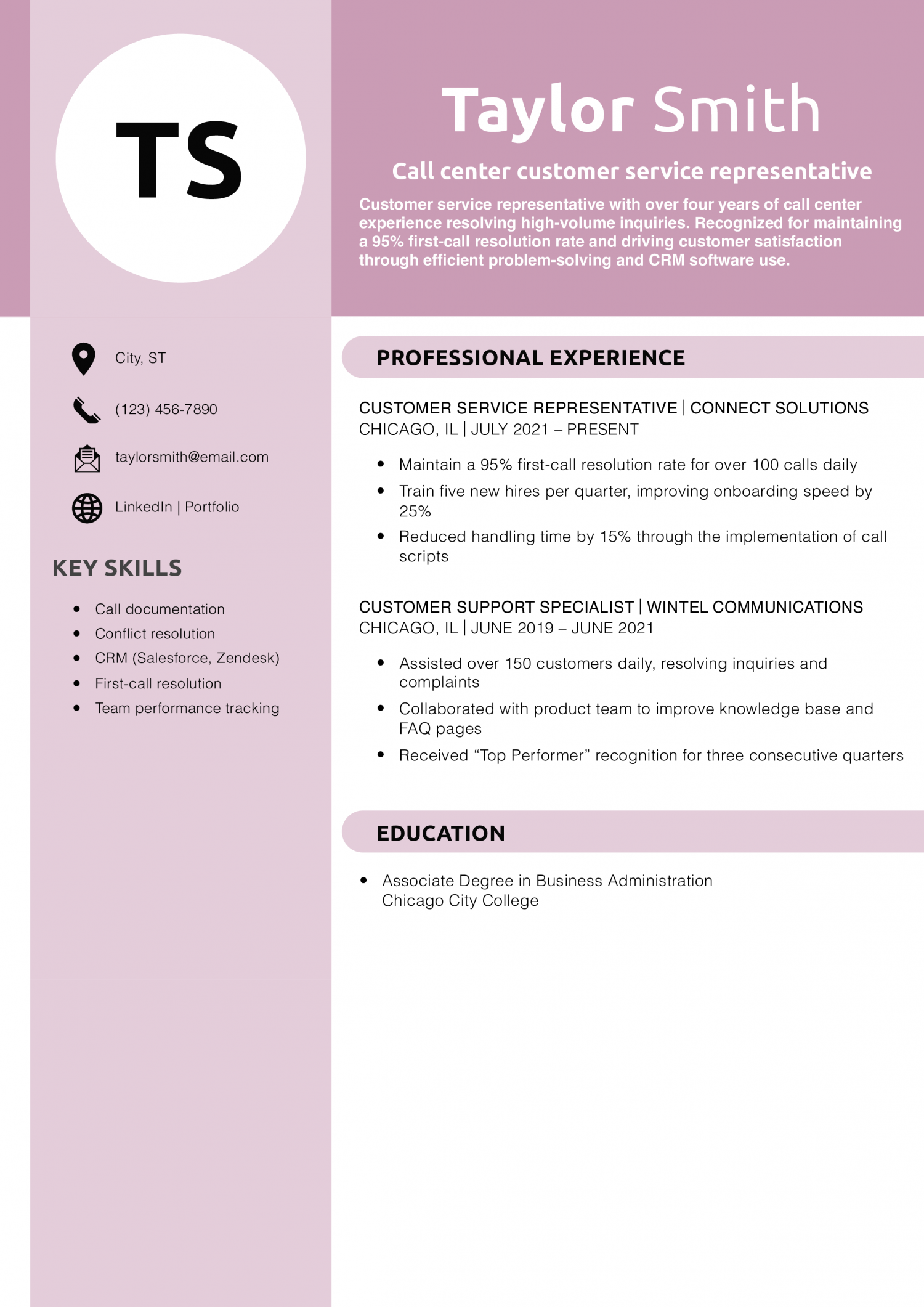 Call center customer service representative resume