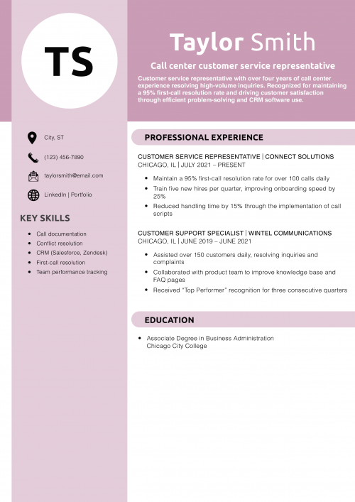Call center customer service representative resume 