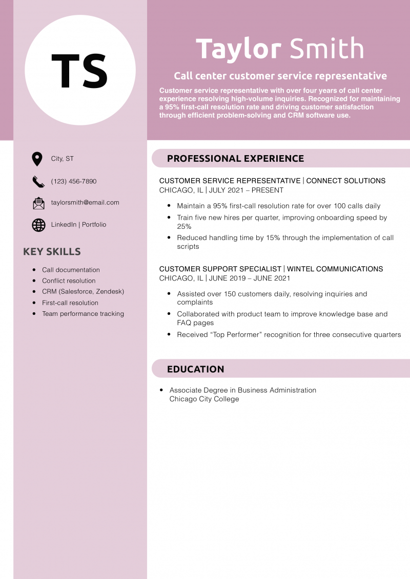 Call center customer service representative resume 