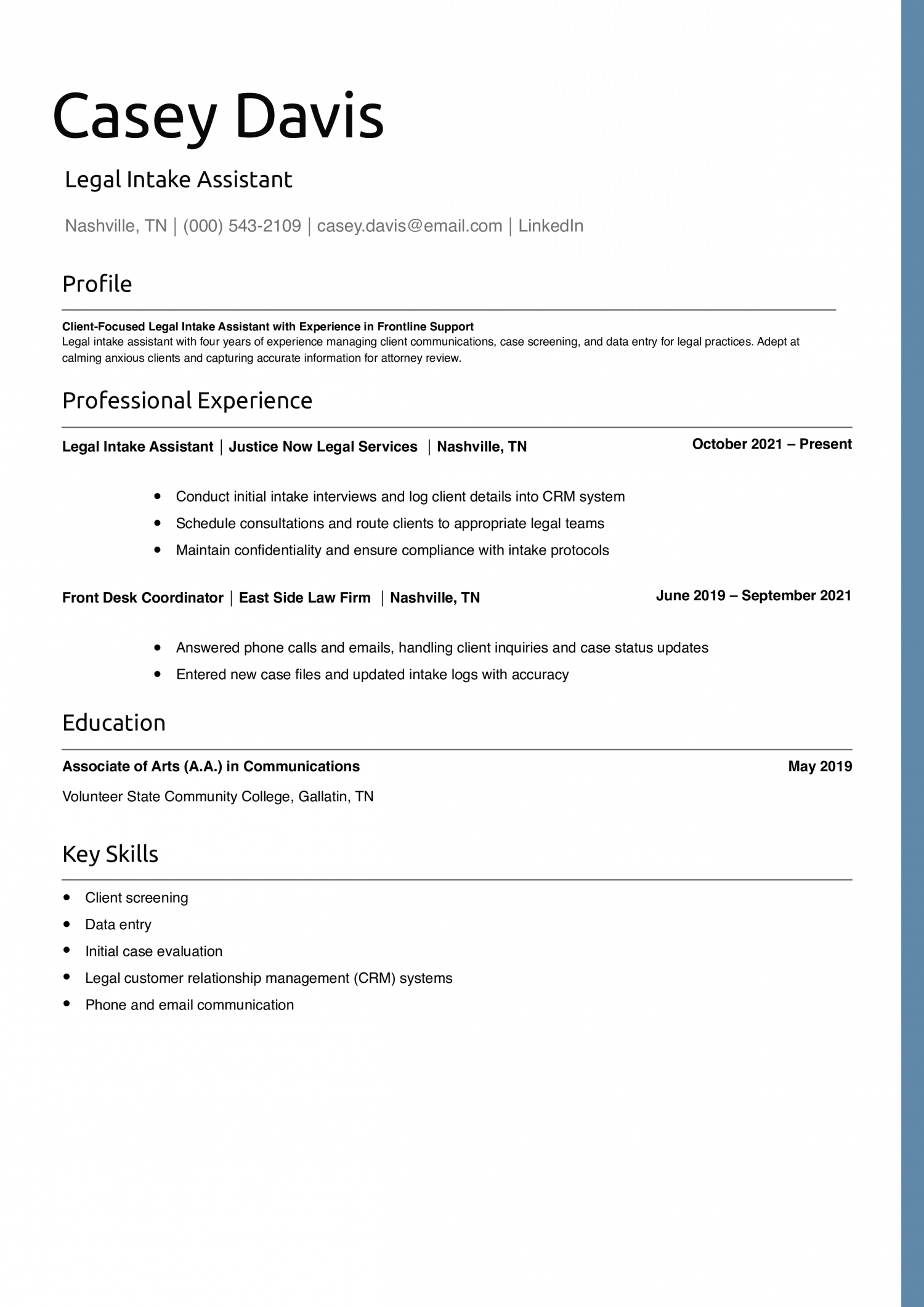 Legal Intake Assistant Resume