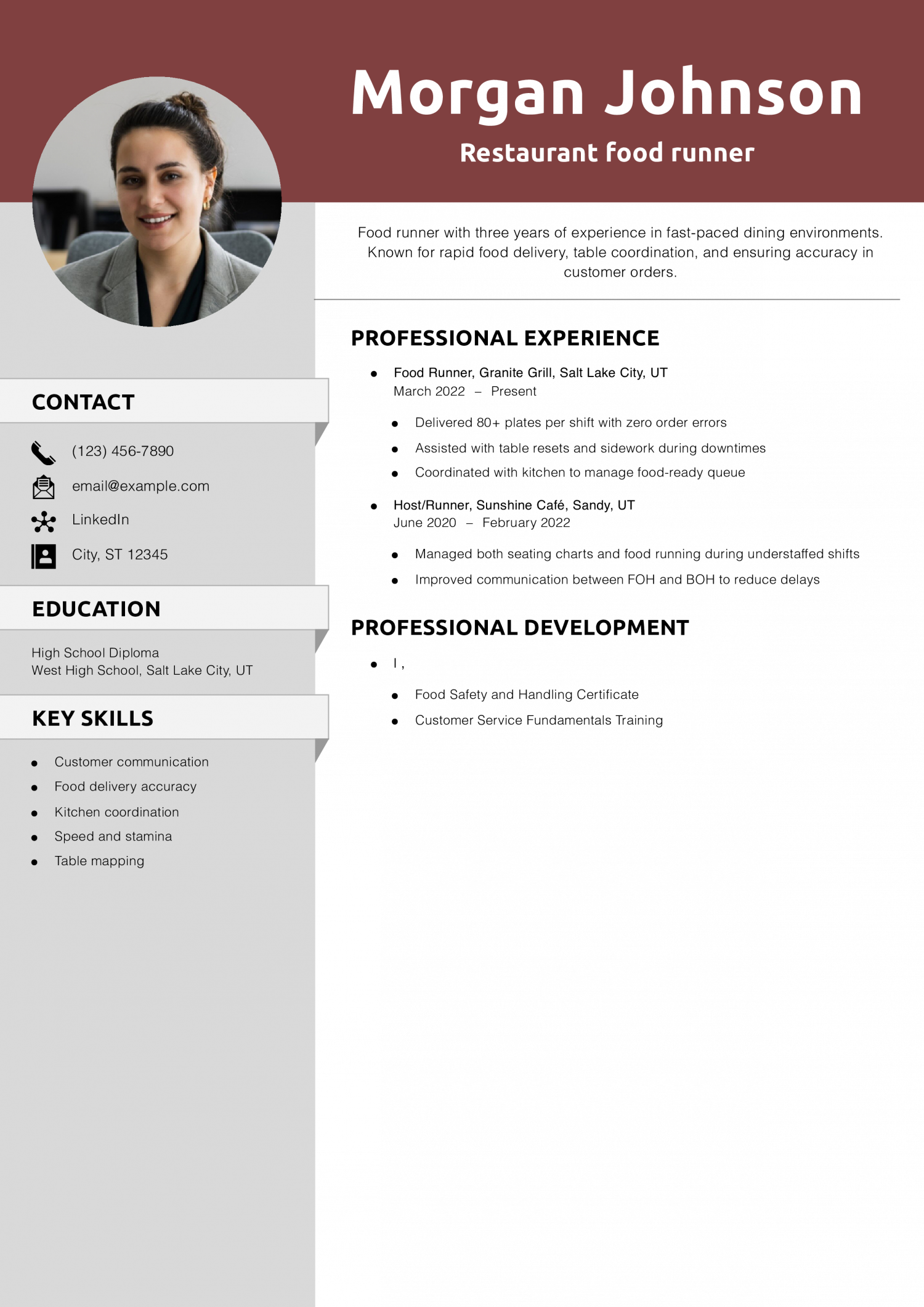 Restaurant food runner resume example