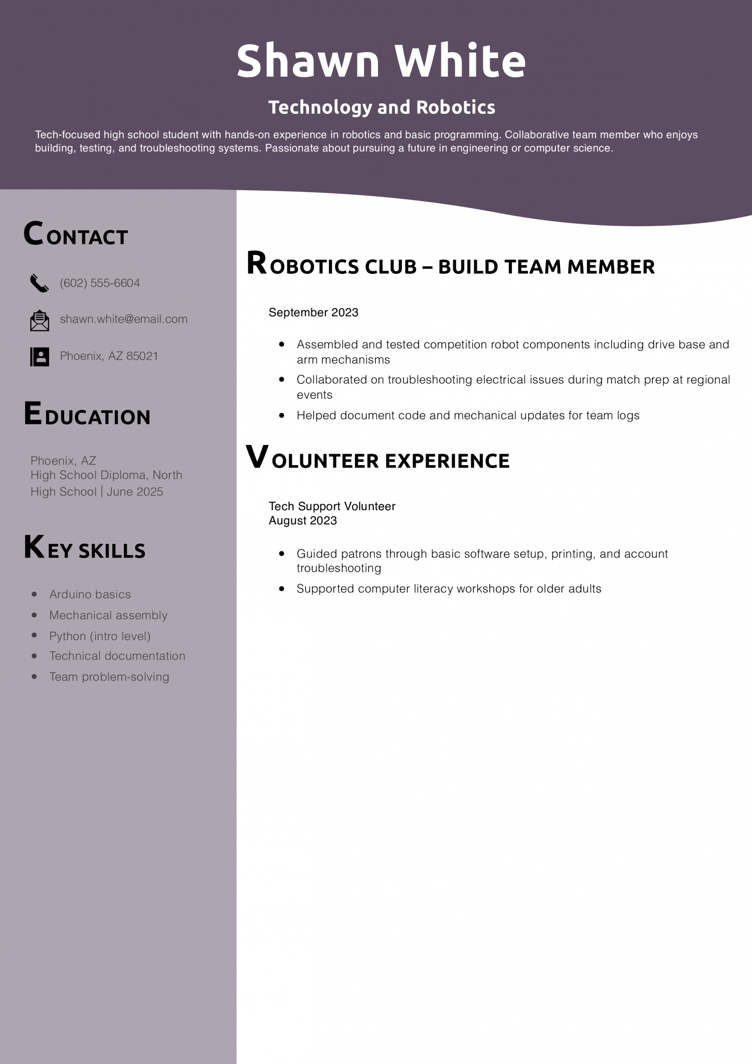 Teenager Resume Example – Technology and Robotics