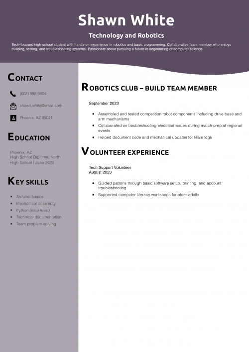 Teenager Resume Example – Technology and Robotics