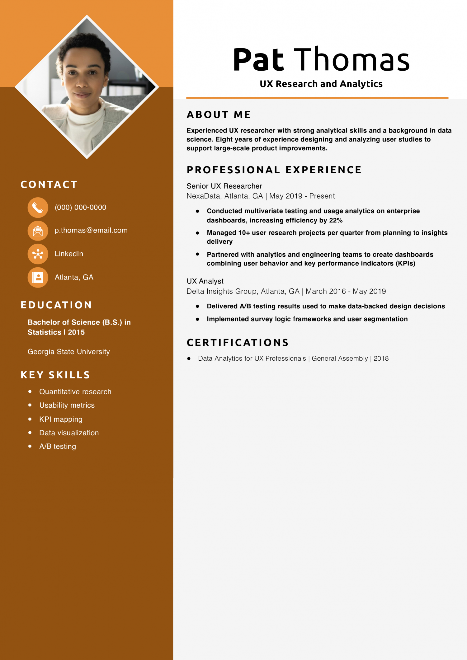 UX Research and Analytics Resume Example