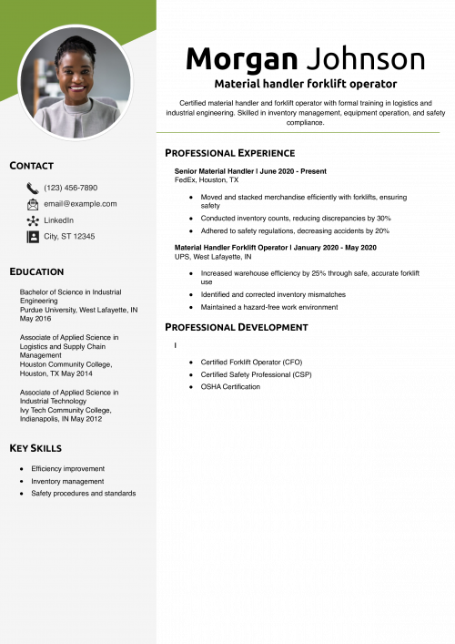 Material handler forklift operator resume example