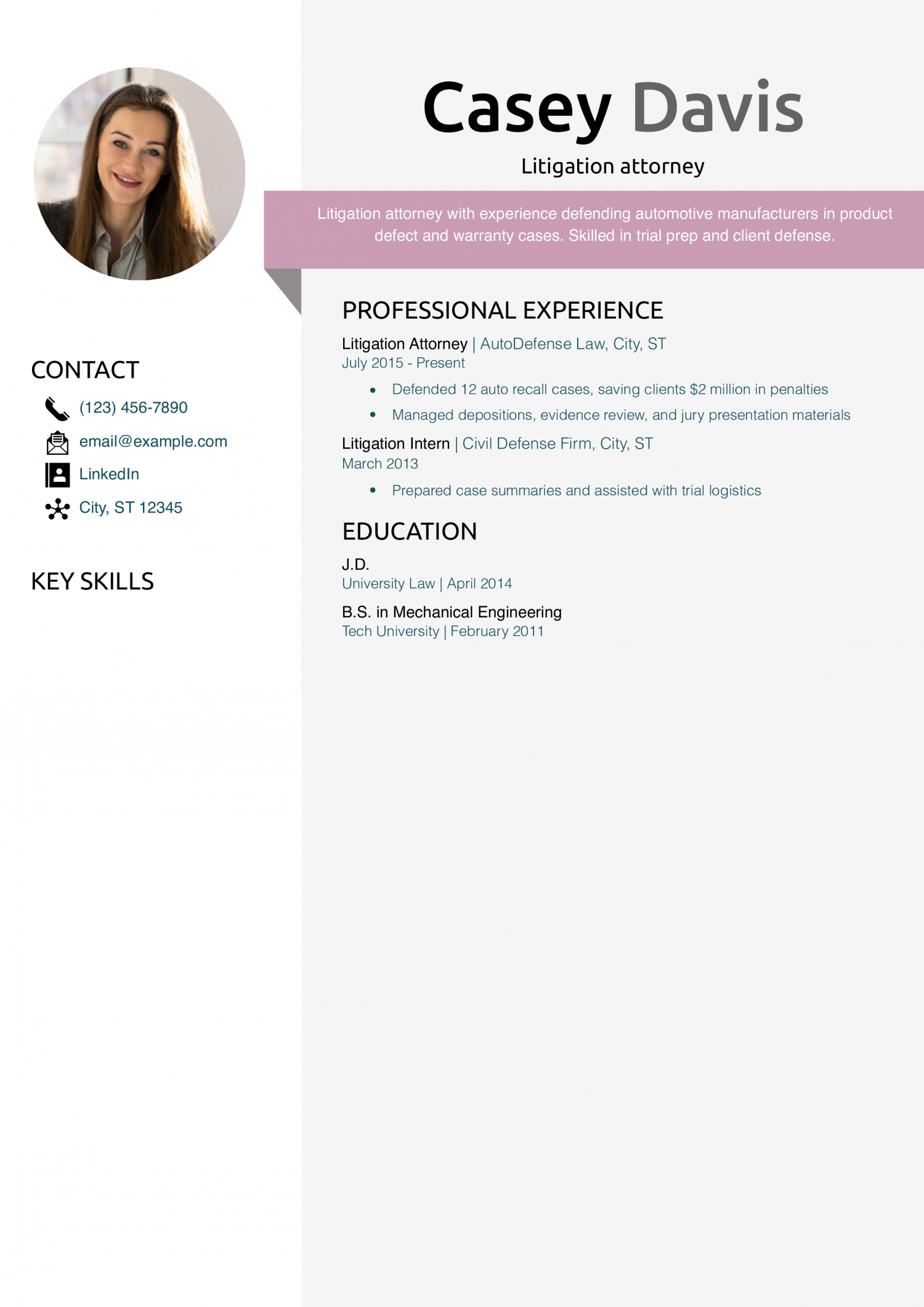 Litigation attorney resume example
