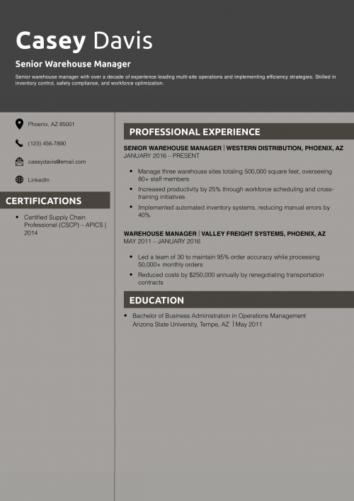Senior Warehouse Manager Resume Example