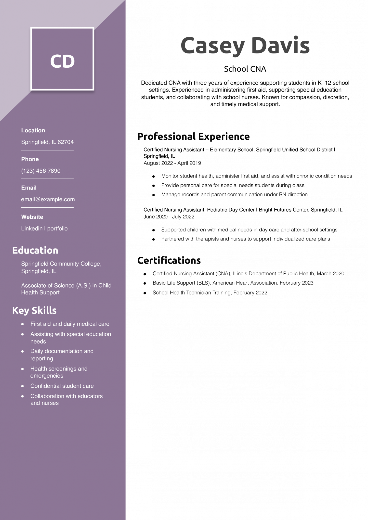 School CNA Resume Example