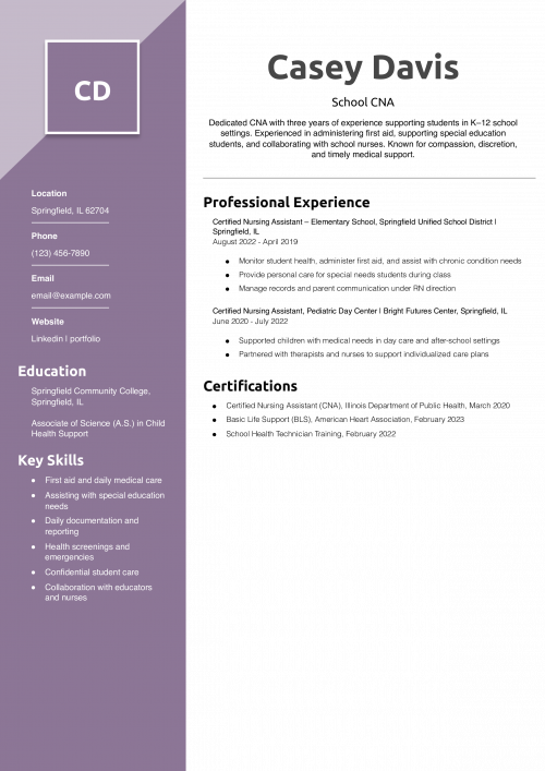 School CNA Resume Example