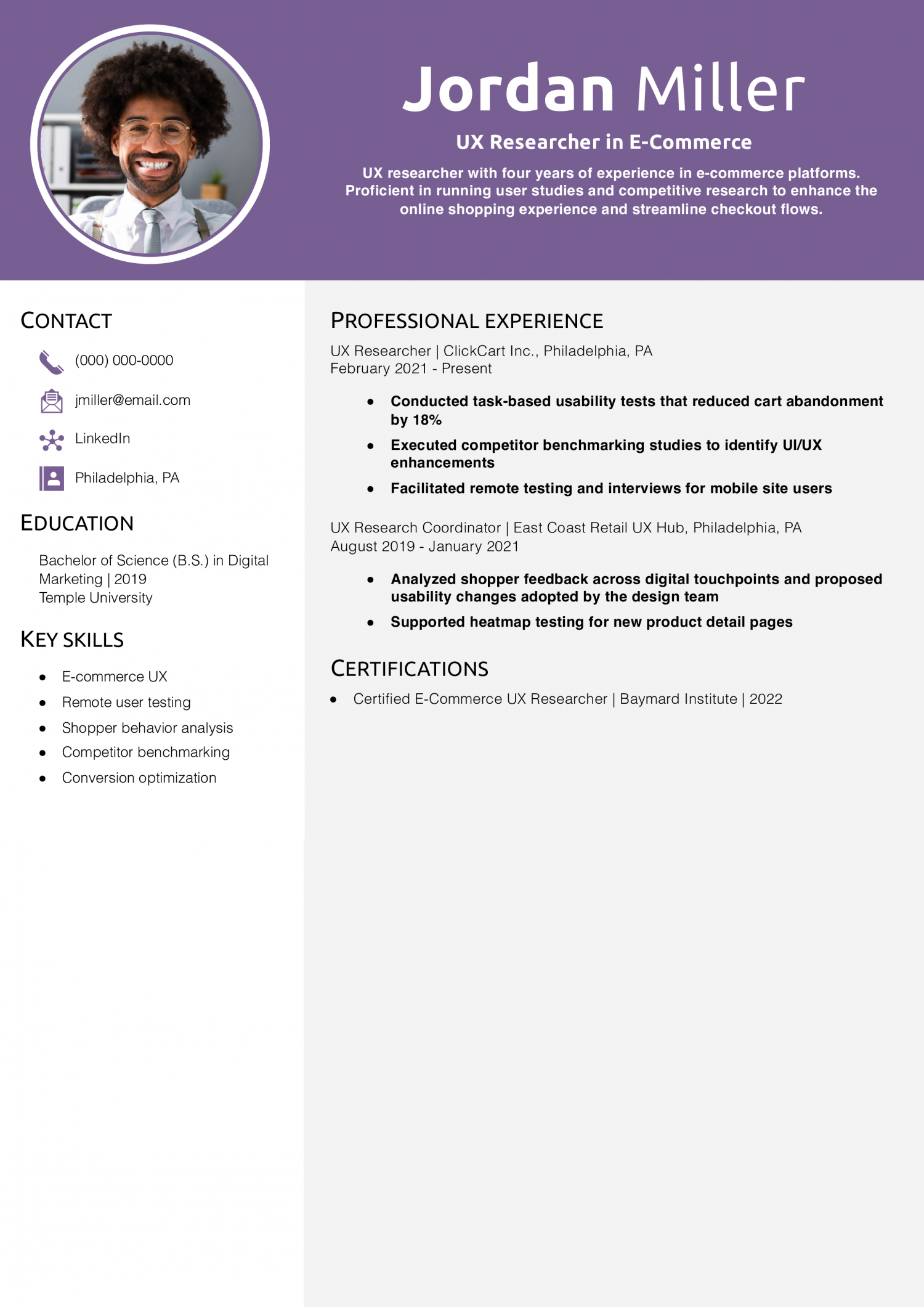 UX Researcher in E-Commerce Resume Example
