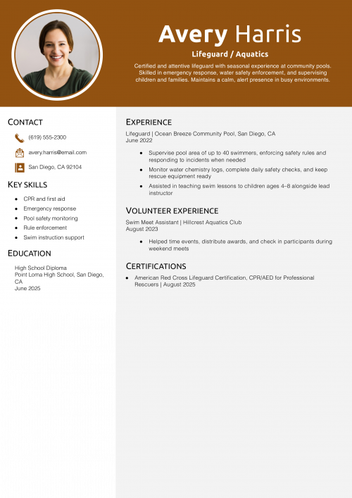 Teenager Resume Example – Lifeguard / Aquatics