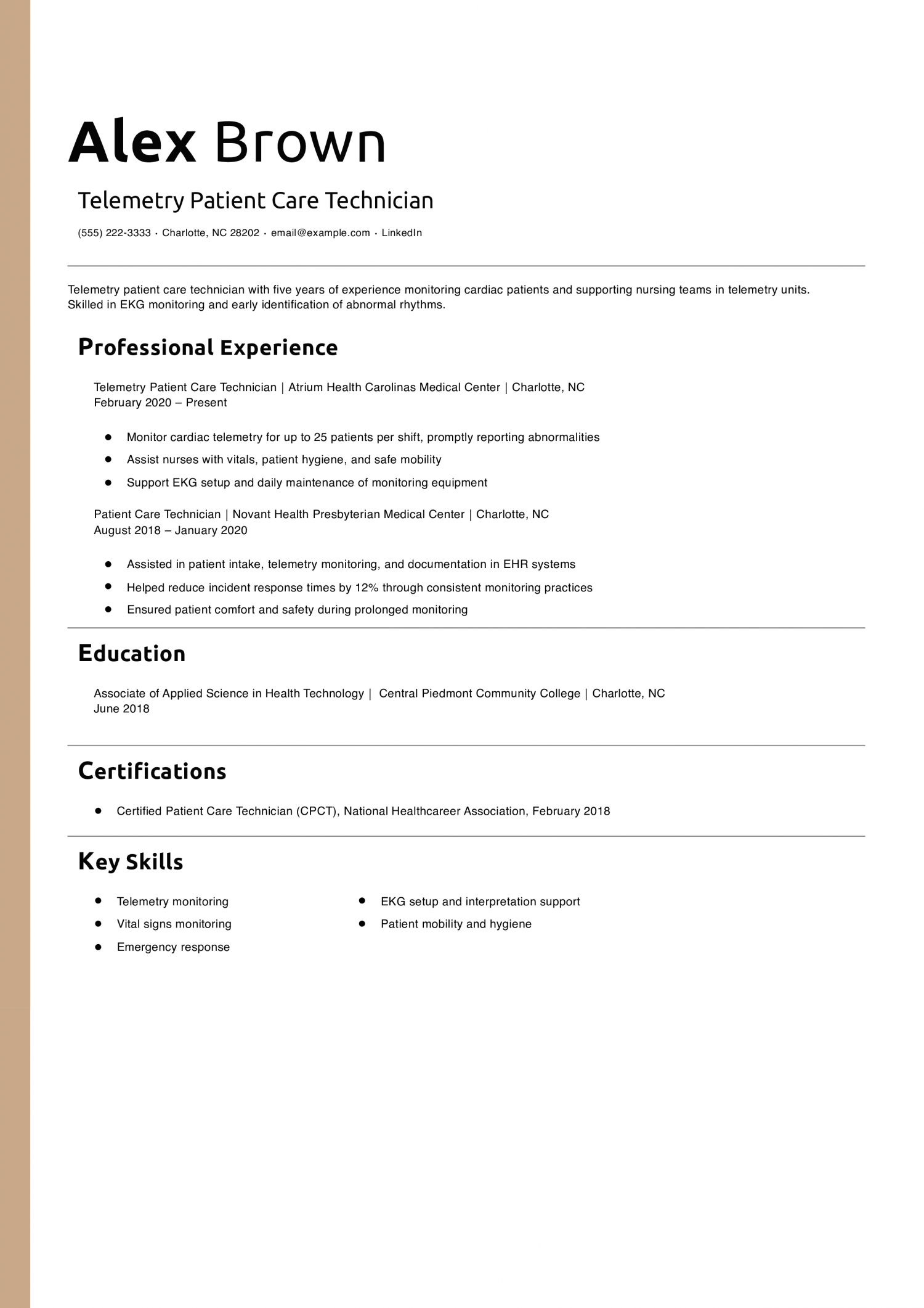 Telemetry Patient Care Technician Resume Example