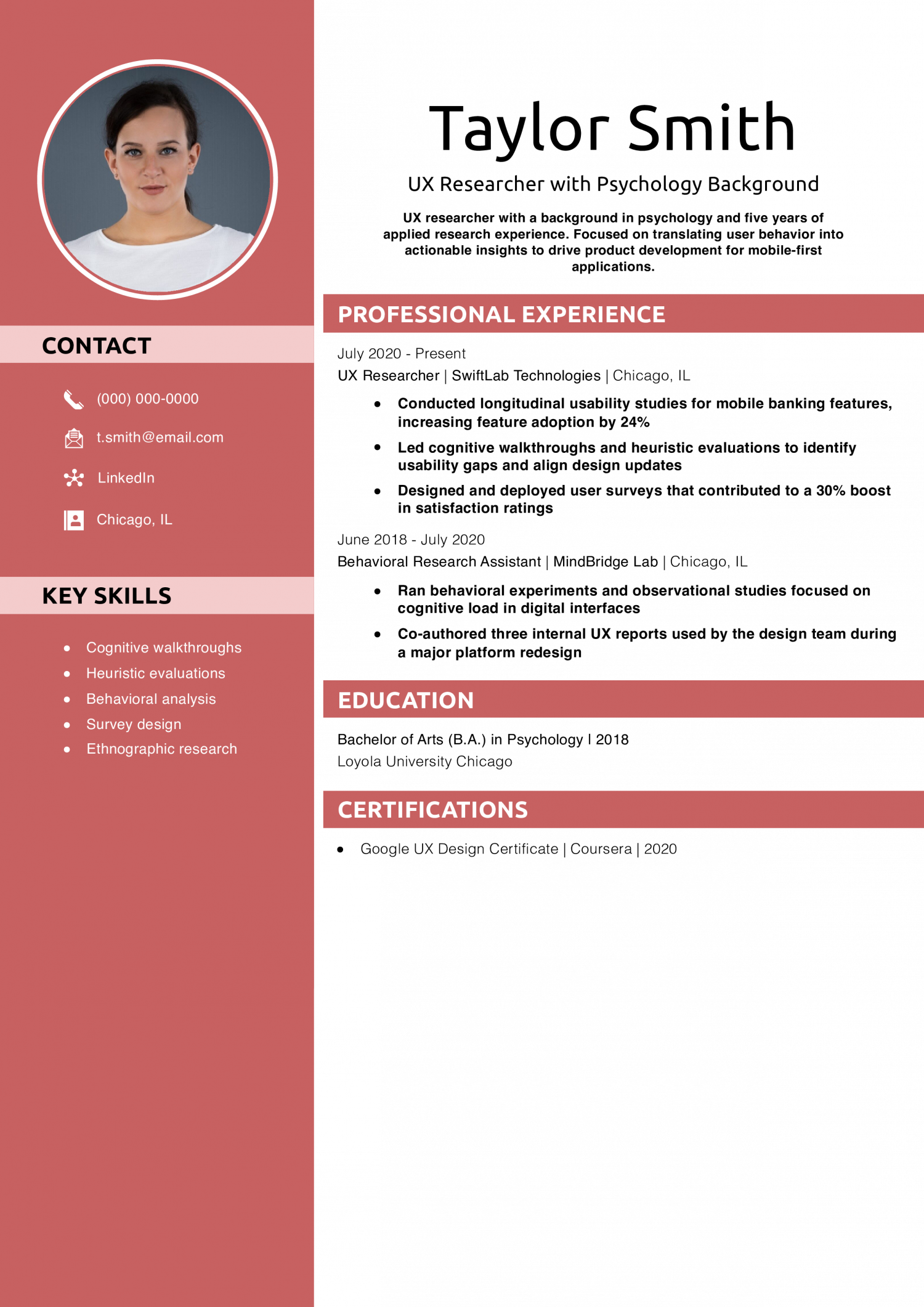UX Researcher with Psychology Background Resume Example