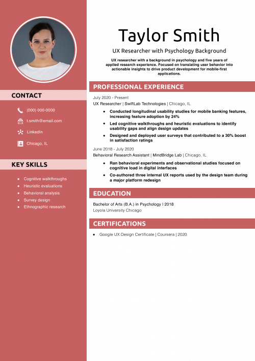 UX Researcher with Psychology Background Resume Example 