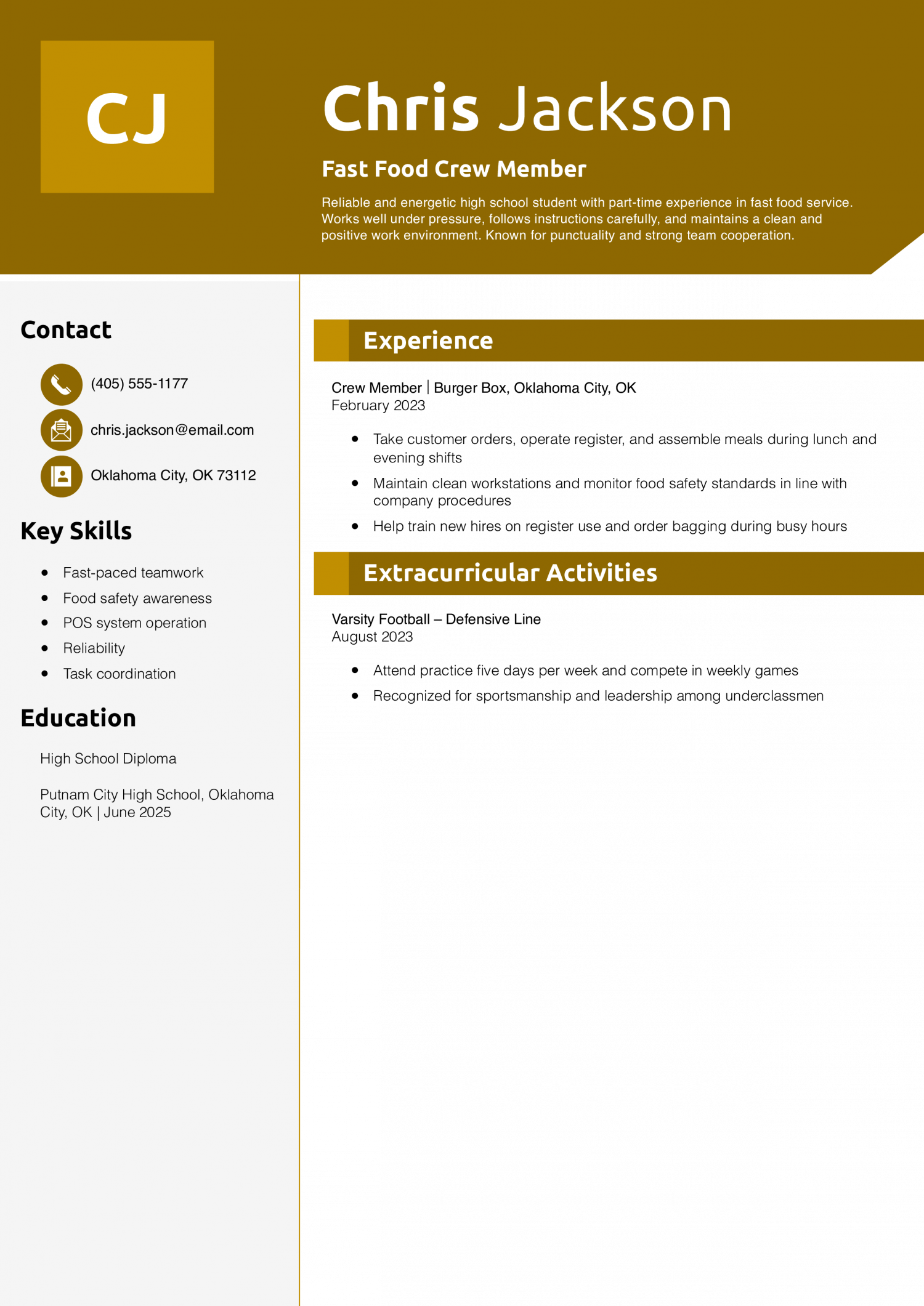 Teenager Resume Example – Fast Food Crew Member