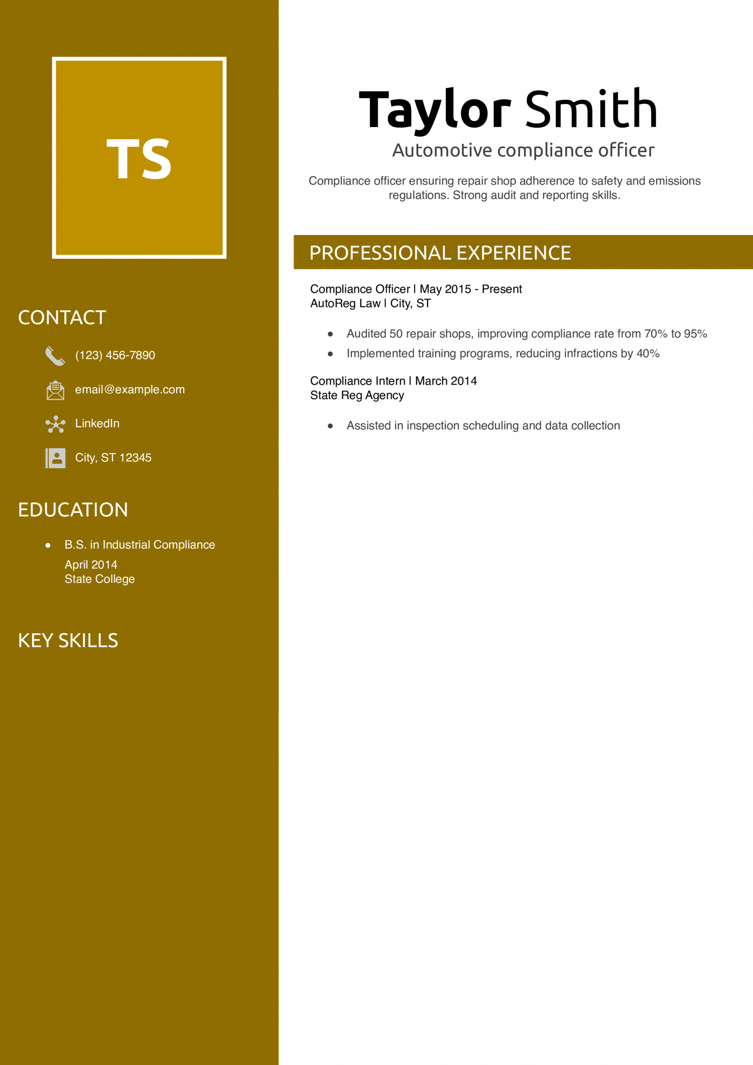 Automotive compliance officer resume example