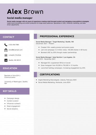 Social media manager resume example