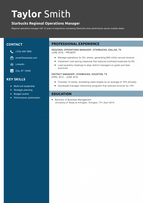 Starbucks Regional Operations Manager Resume Example
