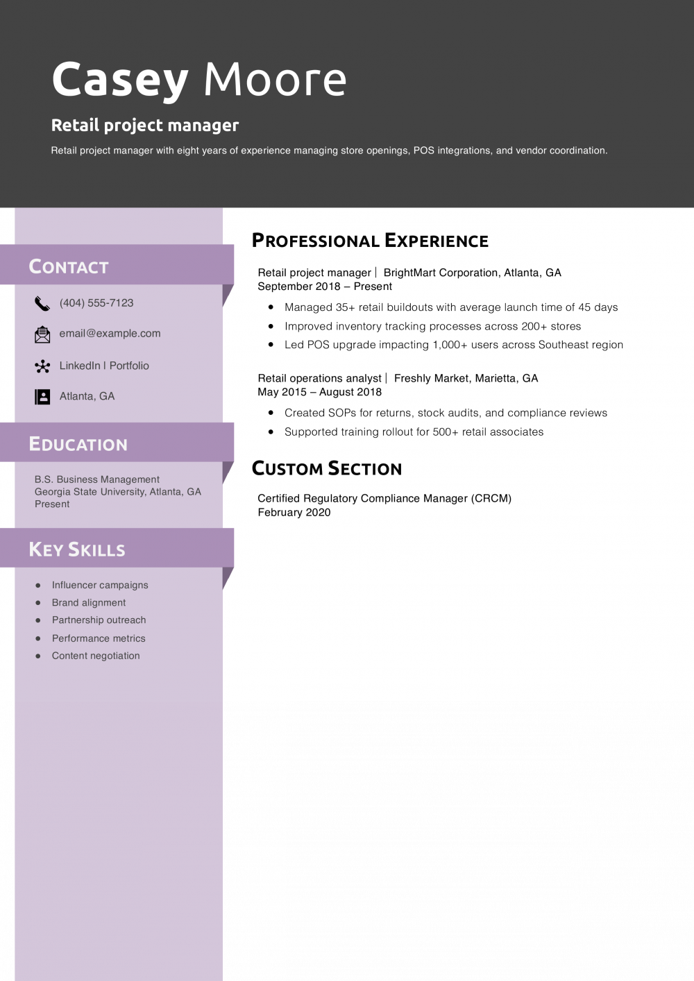 Retail project manager resume