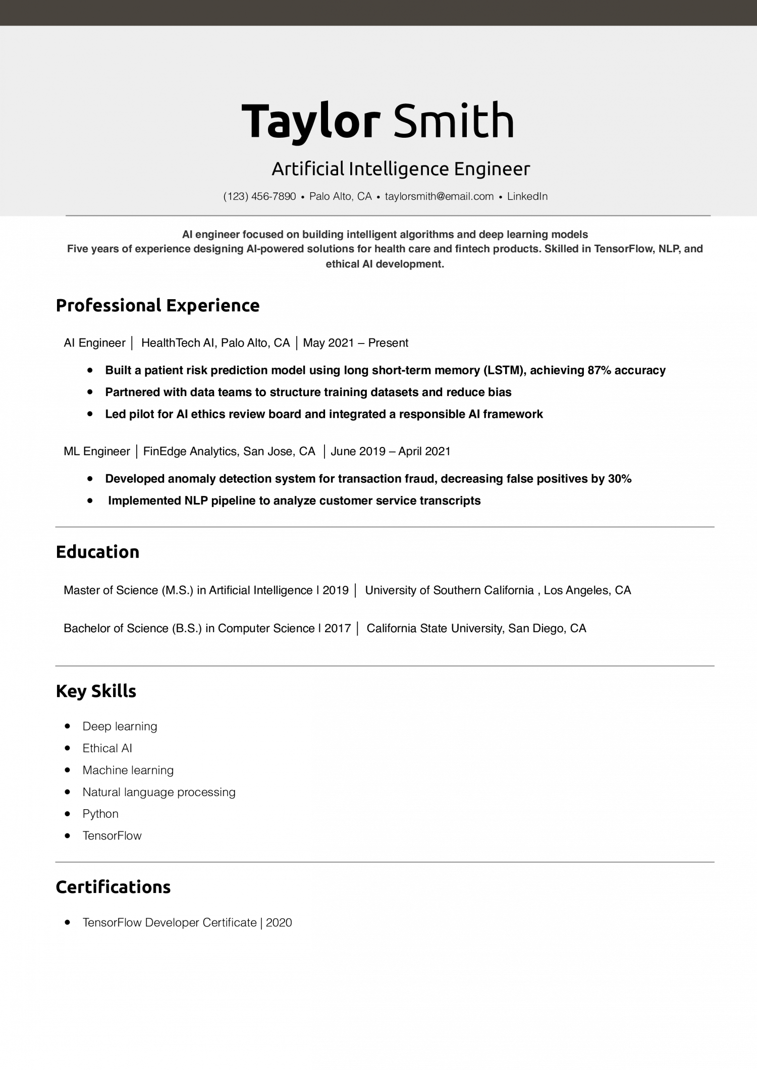 Artificial Intelligence Engineer Resume Example
