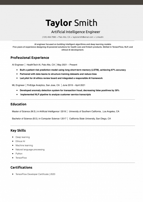 Artificial Intelligence Engineer Resume Example