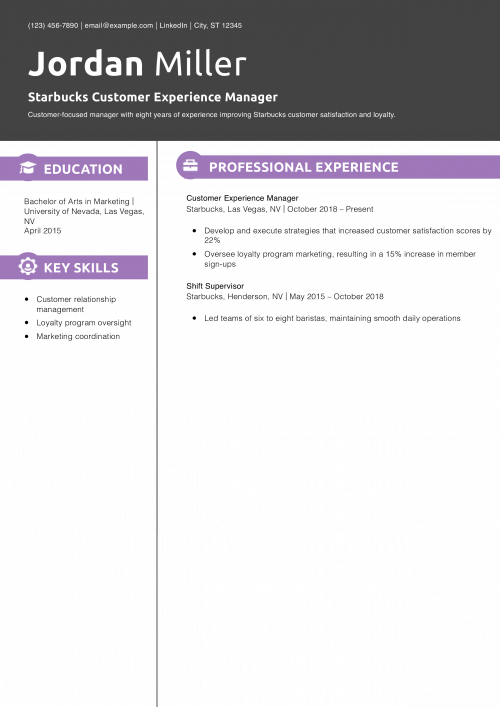 Starbucks Customer Experience Manager Resume Example