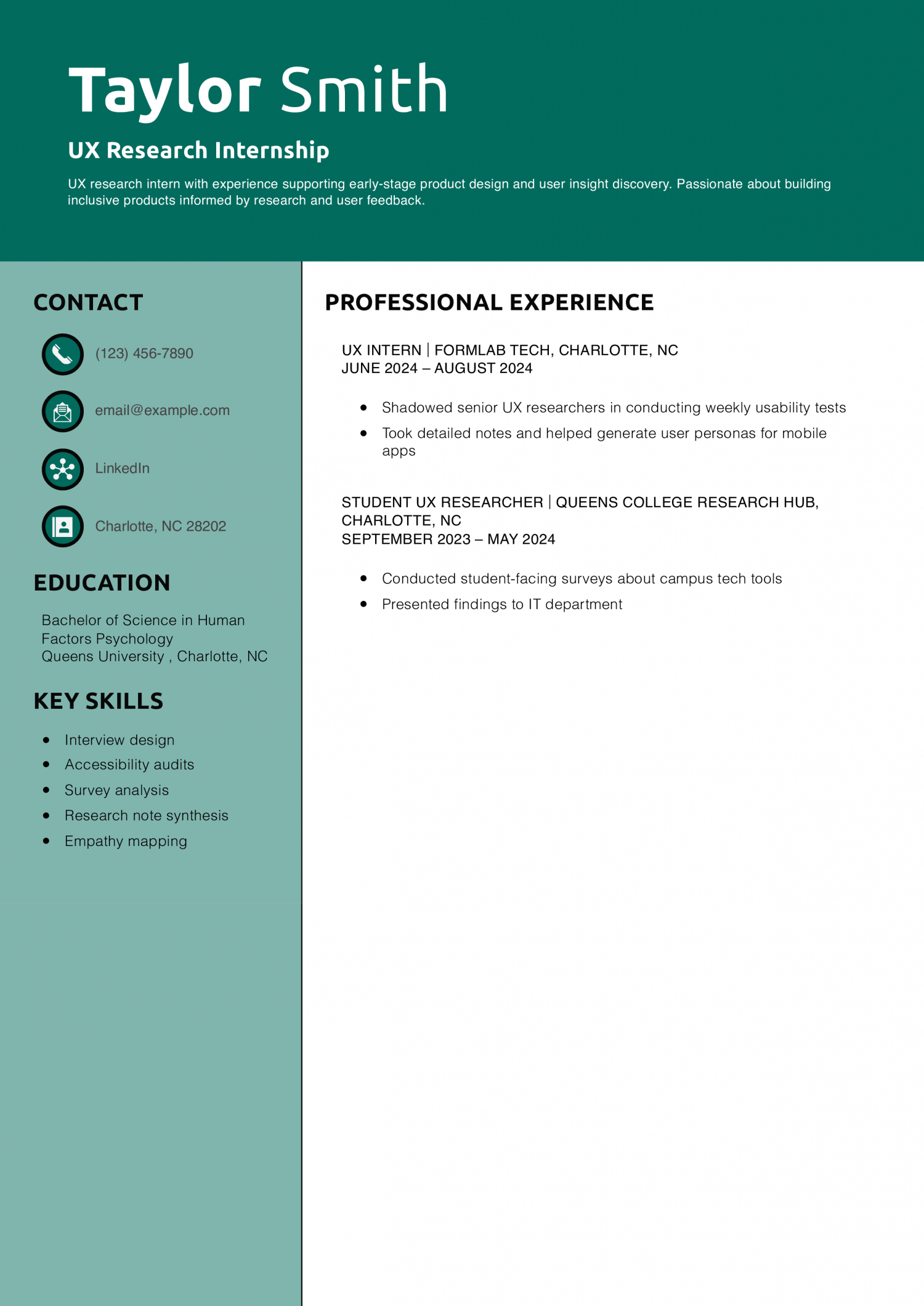 UX Research Internship Resume Example