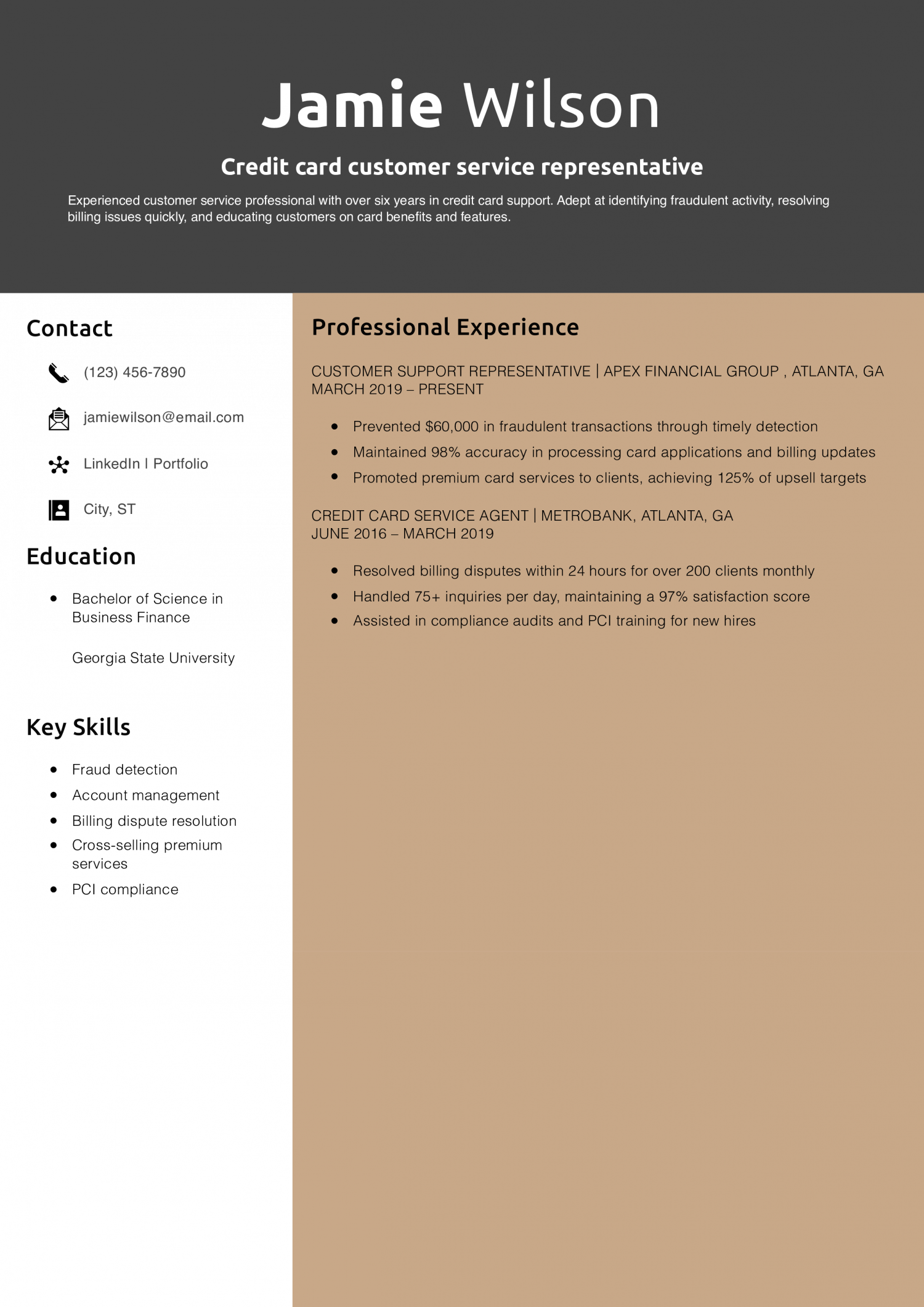 Credit card customer service representative resume