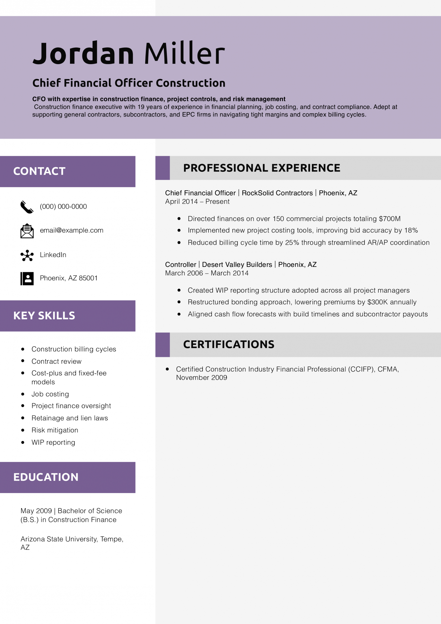 Chief Financial Officer Construction Resume