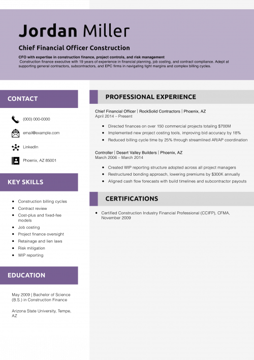 Chief Financial Officer Construction Resume
