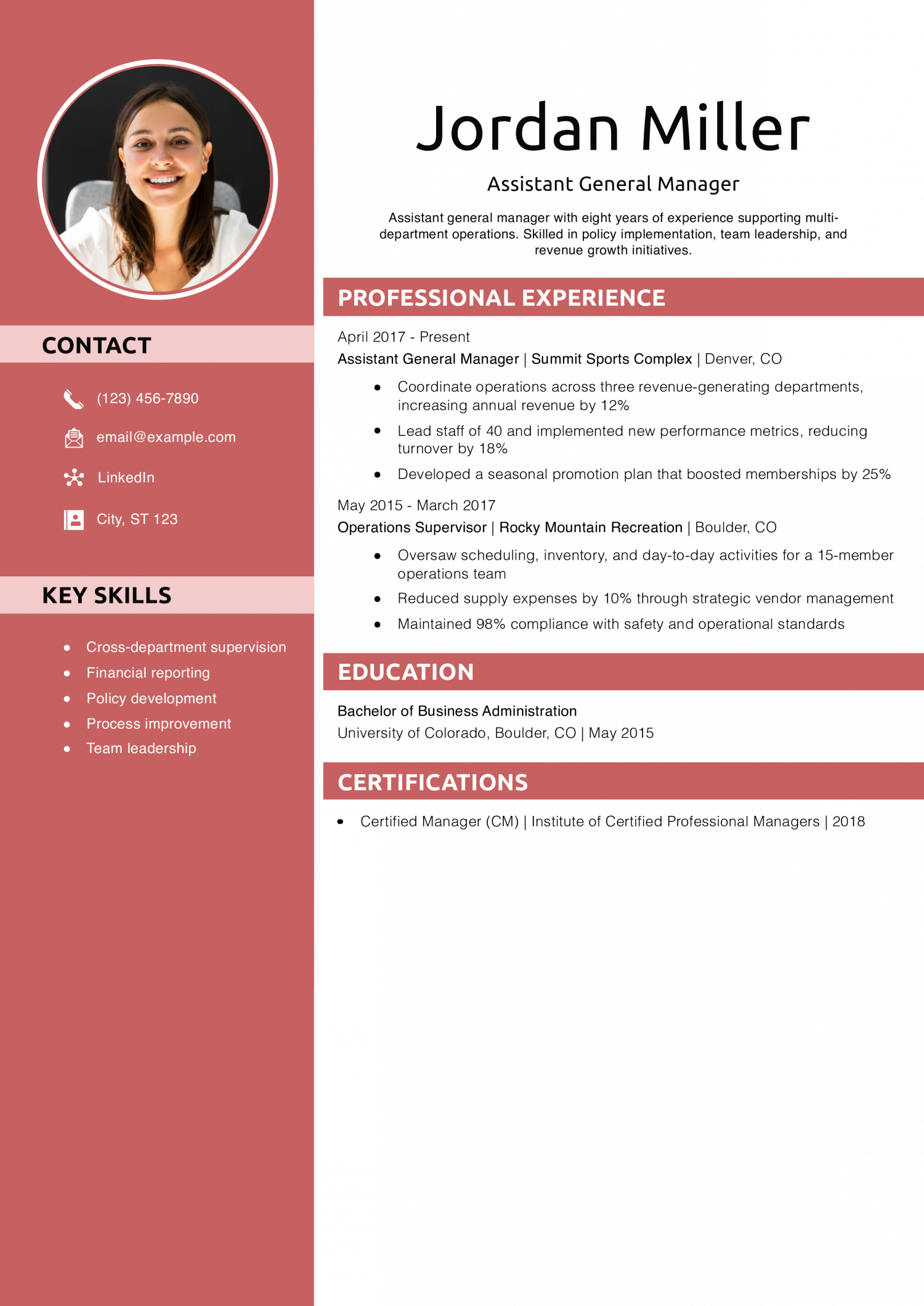 Assistant General Manager Resume Example